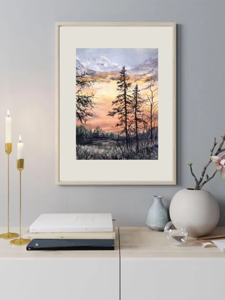 Landscape Original Painting Sunset Watercolor Painting Trees Forest Wall Art