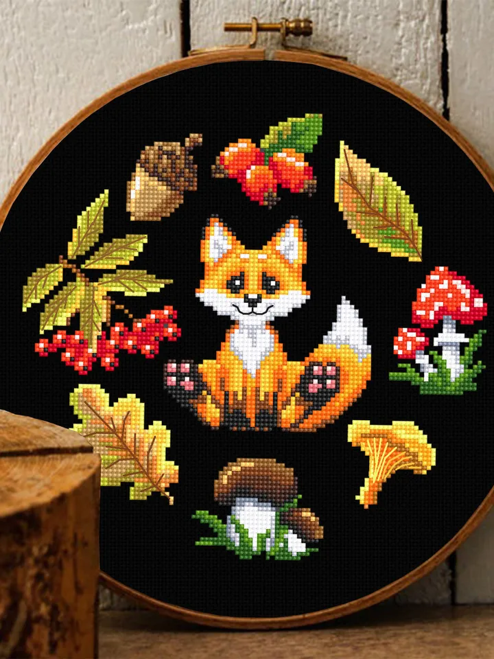 Cross stitch pattern cute little fox DMC chart printable PDF instant download Mushroom cross stitch Autumn embroidery beginners #K8
