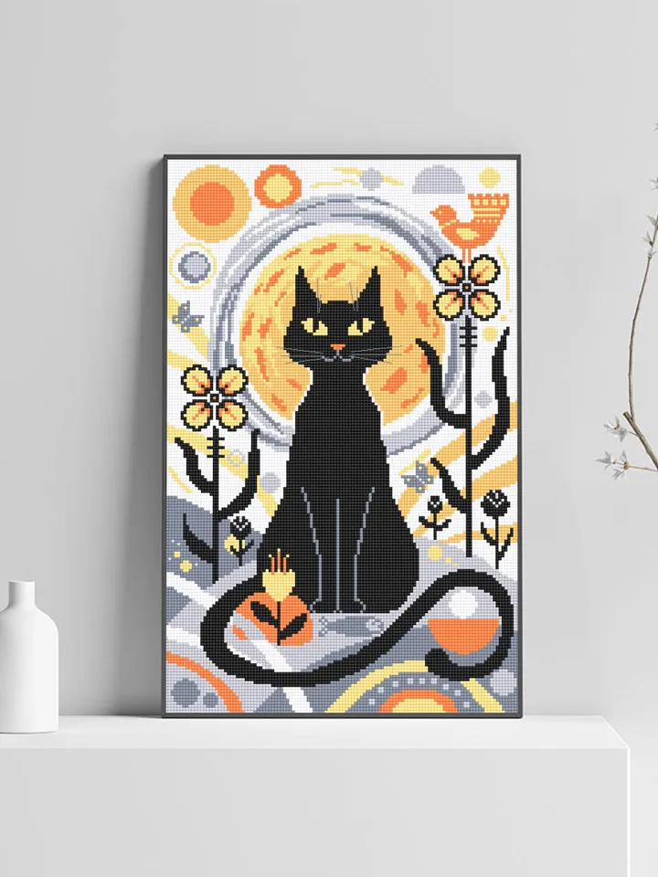 Boho cat cross stitch pattern PDF download Boho cross stitch chart, Abstract pattern digital PDF, Black cat embroidery, Boho wall decor #K23