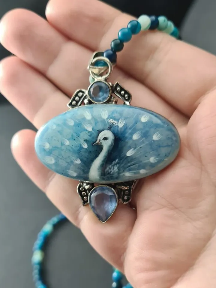 White peacock on blue necklace Miniature painting on Dendritic Agate Stone opal