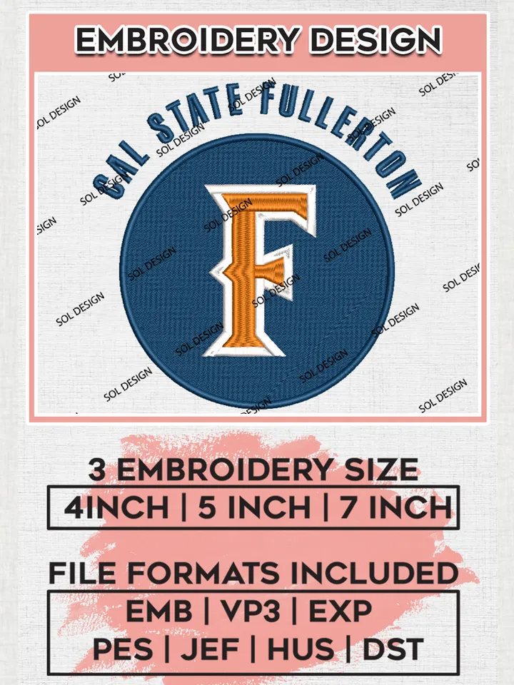 Cal State Fullerton Team Logo Embroidery Design Files, NCAA Cal State Fullerton Titans Machine Embroidery, NCAA Teams, Game Day, 3 sizes, NCAA Machine embroidery designs, Digital Download