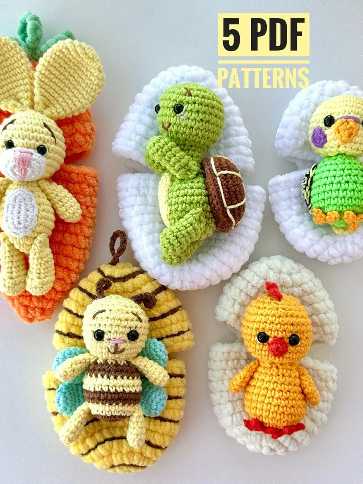 Crochet pattern Easter Bunny in carrot, chick, budgie and Turtle in egg, bee in beehive - Amigurumi plushie crochet patterns - English Pdf