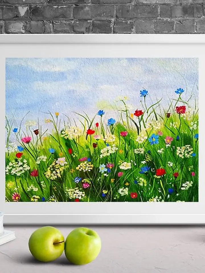 Landscape original oil painting of mountains and wildflowers impasto art