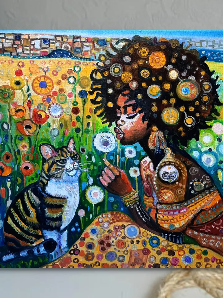 African Girl and Cat   Art  Original Oil painting Oil on canvas
