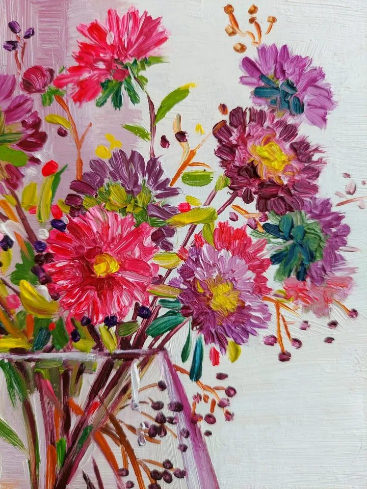 Asters Flowers Original Oil Painting Wall Art