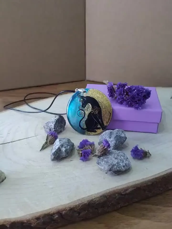 Pearl pendant necklace: Sphunx the black cat painted on handmade pendant • Aesthetic necklace for fall season • graceful cat lover gift