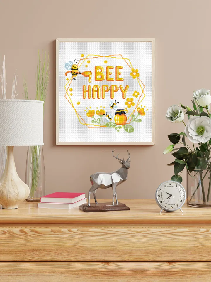 Honey bee cross stitch digital PDF pattern Bee Happy cross stitch Quote Floral wreath xstitch chart Easy begginers embroidery Bee decor #Q47