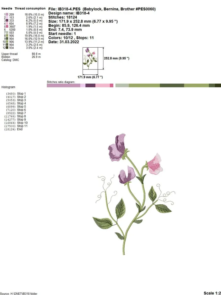 Sweet pea artistic machine embroidery design digital embroidery pattern home and clothing décor embroidery motif floral design flower embroi