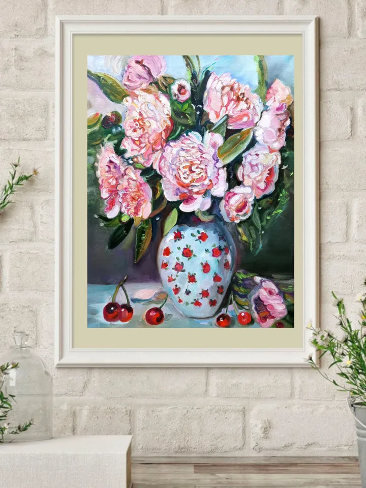 Peonies Art Original Oil Painting 19 by 16 inc.