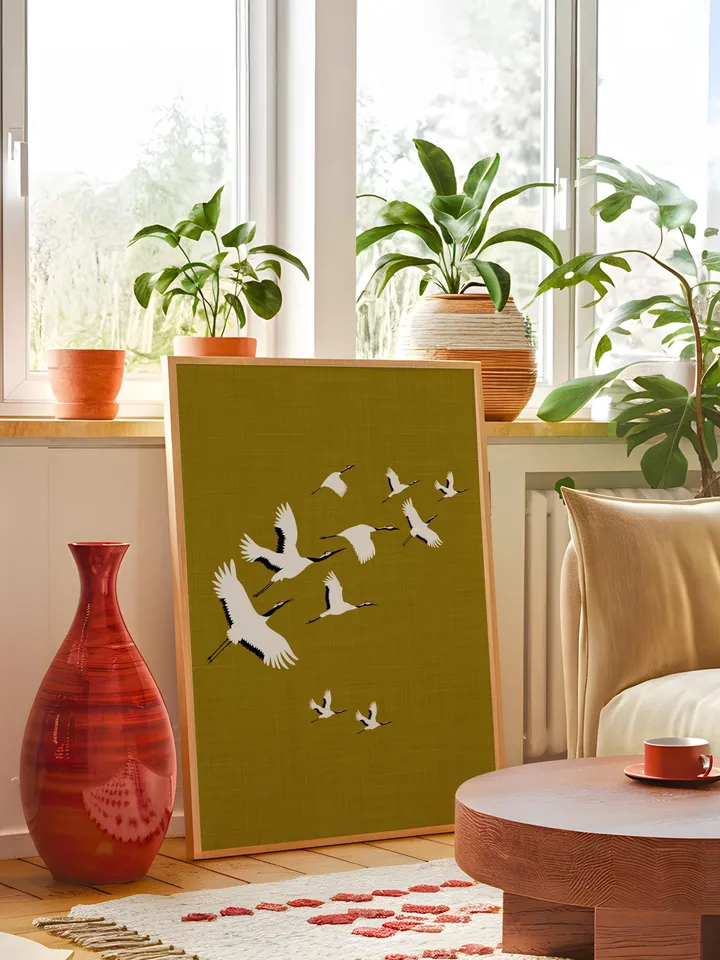 Olive Green Cranes Wall Art Digital Print Japanese Style Gold Accent Bird Poster Maximalist Decor Eclectic living Room Artwork Gift poster