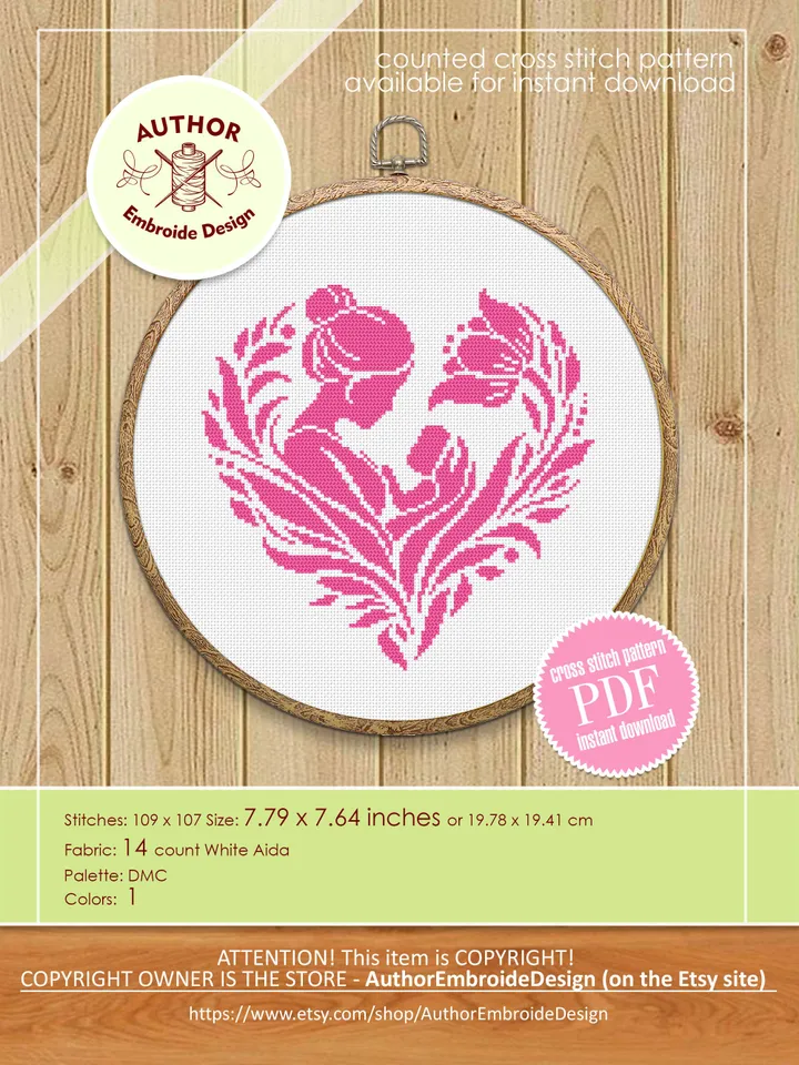 Mother baby silhouette cross stitch pattern PDF download Floral heart cross stitch chart, Heart mandala mother and child, Newborn gift #O12