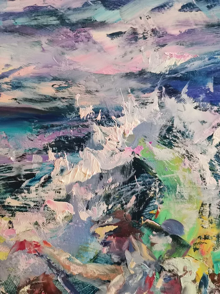 Original Art Oil Painting Boat People Sea Storm Ocean Sunset Artist Svinar Oksana