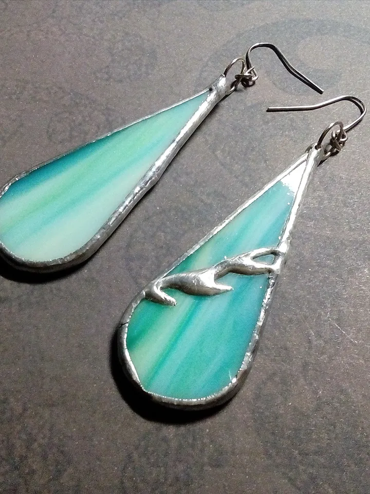 Green glass earrings, Dangle earrings, stained glass earrings, leaf drop earrings, simple stained glass