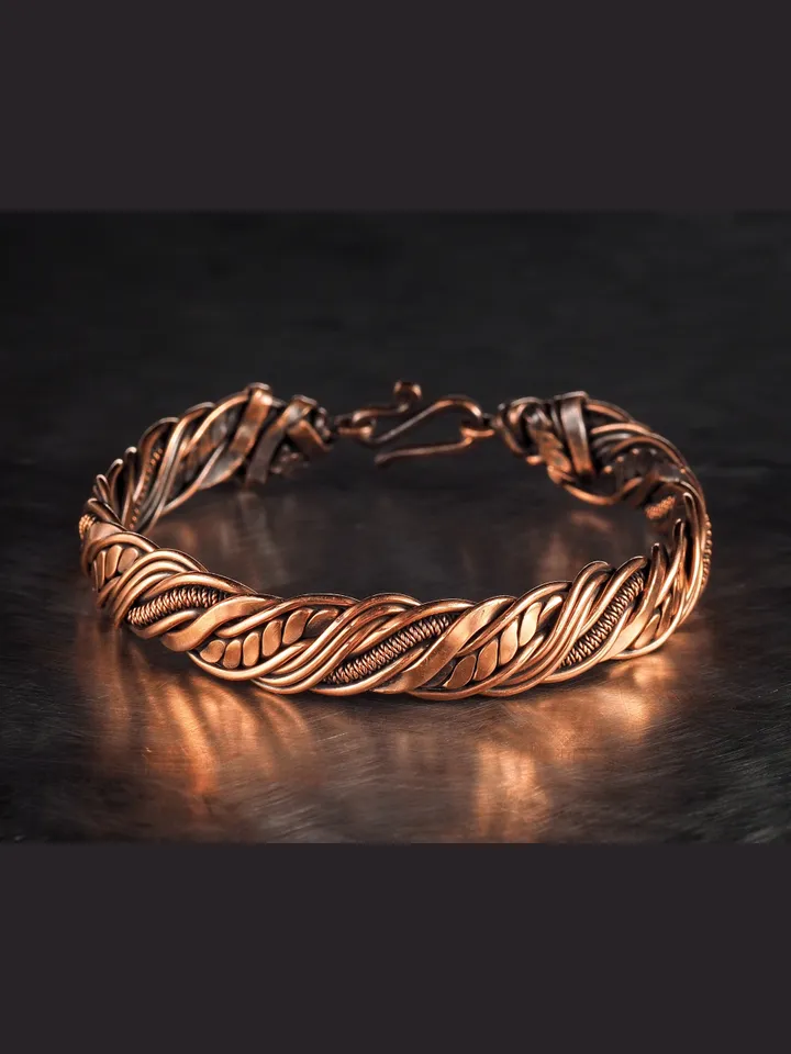 Wire wrapped bracelet, Unique 7th 22nd Anniversary gift idea, Art Nouveau antique style, One of kind braided statement bangle, Handmade oxidized pure copper jewelry, Pain relief, EMF protection