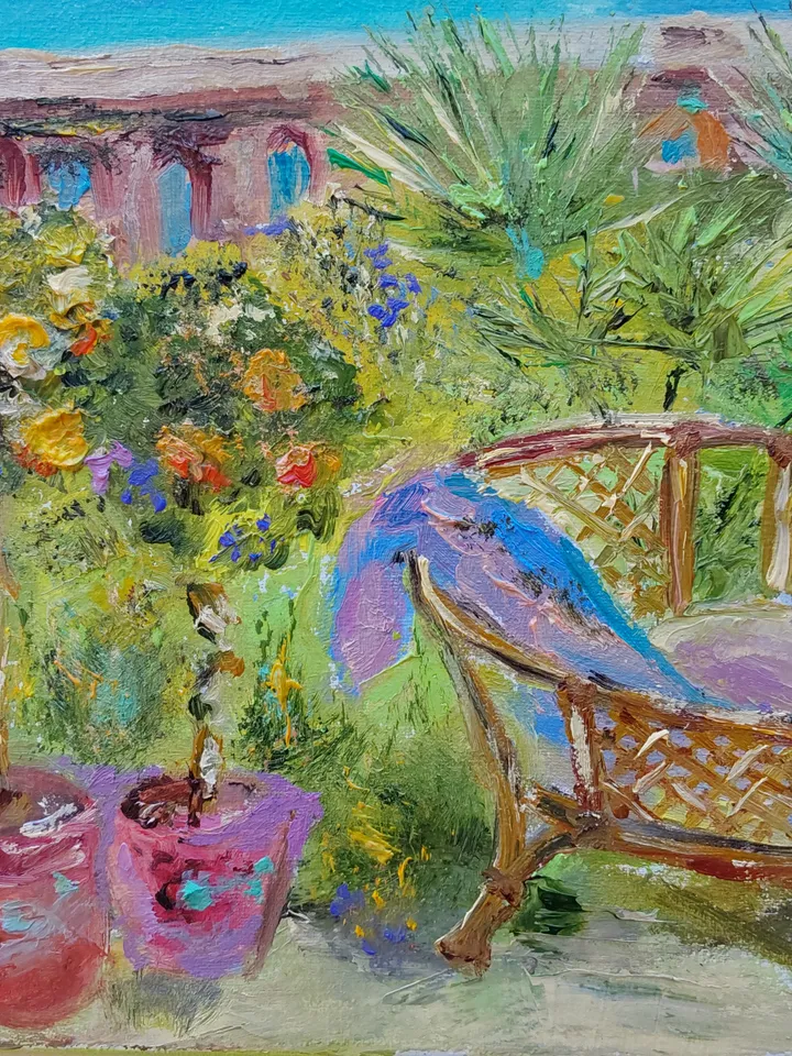 "Relaxing in the garden under the sea breeze" 40x30cm (16x12 inches)