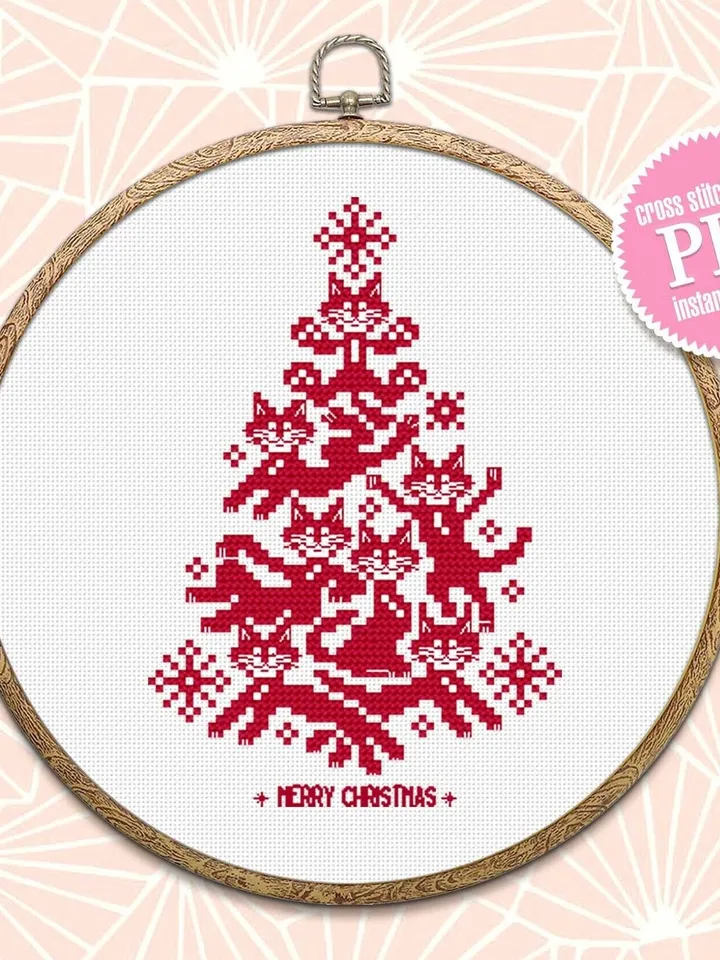 Cat christmas tree cross stitch pattern download PDF Christmas small cross stitch, Funny cat silhouette cross stitch Cat embroidery PDF #N86
