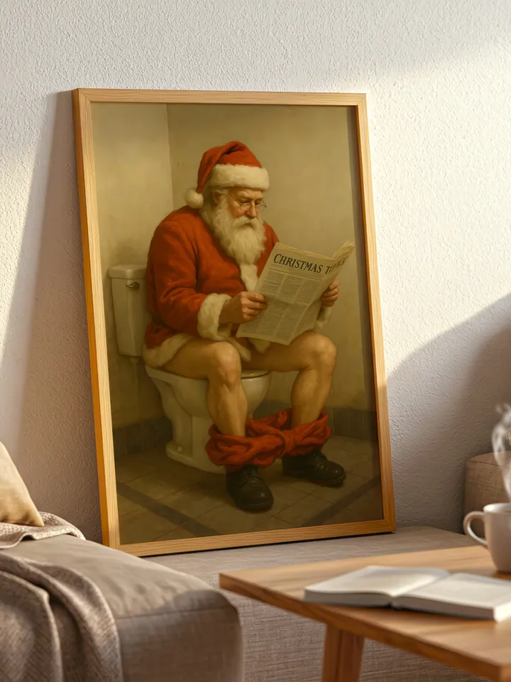 Funny Santa Bathroom Art, Christmas Toilet Poster, Holiday Humor Wall Decor, Santa Reading Newspaper Print, Quirky Xmas Digital Download
