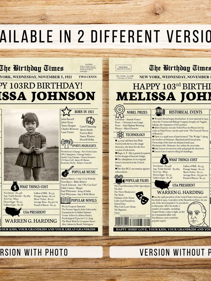 103rd birthday, 103rd birthday newspaper poster sign, custom gift for grandma, gift for grandma from granddaughter, unique gift for grandma
