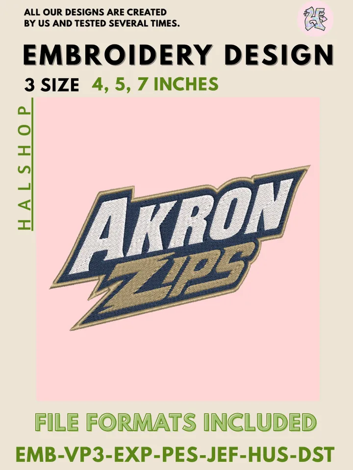 Akron Zips NCAA Logo Embroidery Design, College Sports Team Machine Embroidery Files, Instant Digital Download