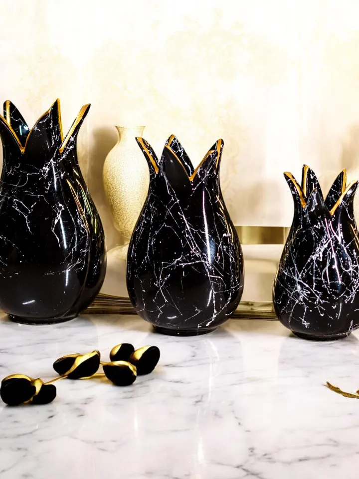 Handmade Brushstroke Design Black and White Trio Vase Set 3 Pieces, Home Decor