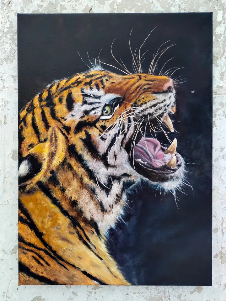 Oil painting Tiger on black background Minimalistic wild animal Wallart on canvas
