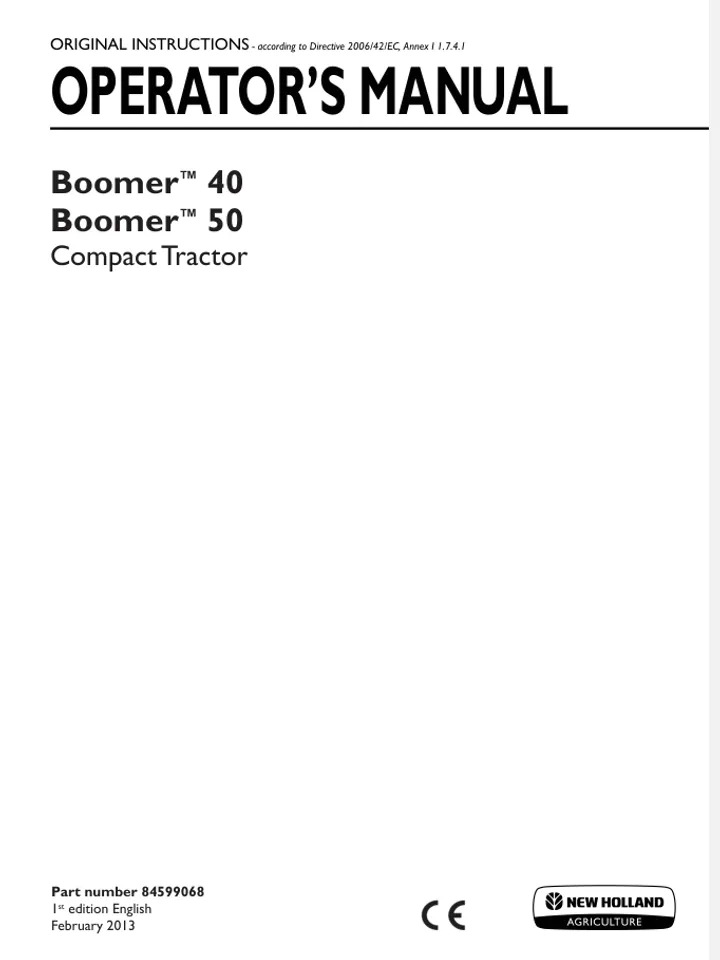 NEW HOLLAND BOOMER 40 50 ROPS TRACTOR OPERATORS MANUAL