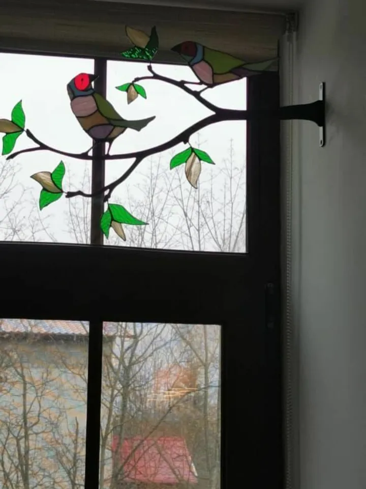 Tiffany Stained Glass. Gouldian Finches on a Branch