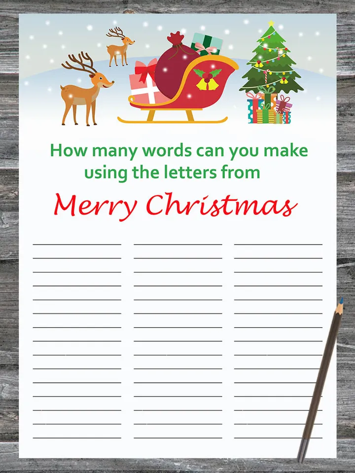 Christmas party games,How Many Words Can You Make From Merry Christmas,Santa reindeer Christmas Trivia Game Cards