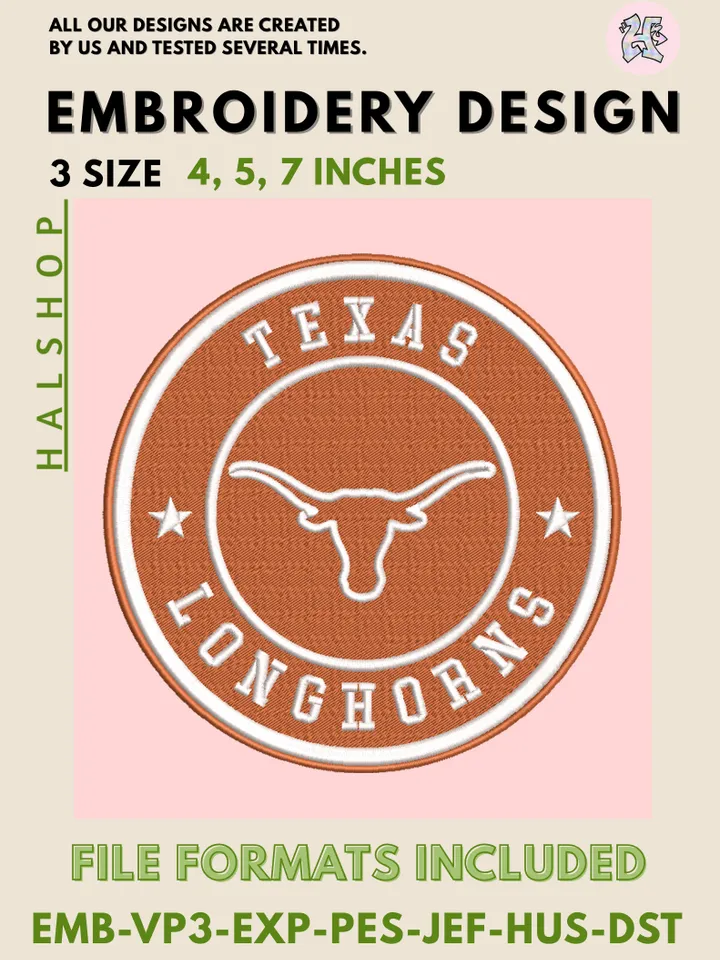 NCAA Texas Longhorns Embroidery Design | University of Texas Logo | Machine Embroidery File | Digital Download