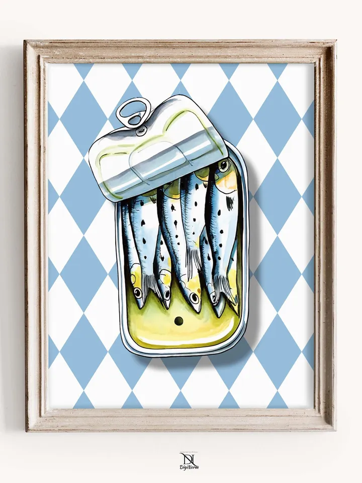 Sardines Print Sardine Tin Vintage Poster Retro Sardine Wall Art Fish Print Eclectic Wall Art Colorful Kitchen Art Maximalist Poster Digital