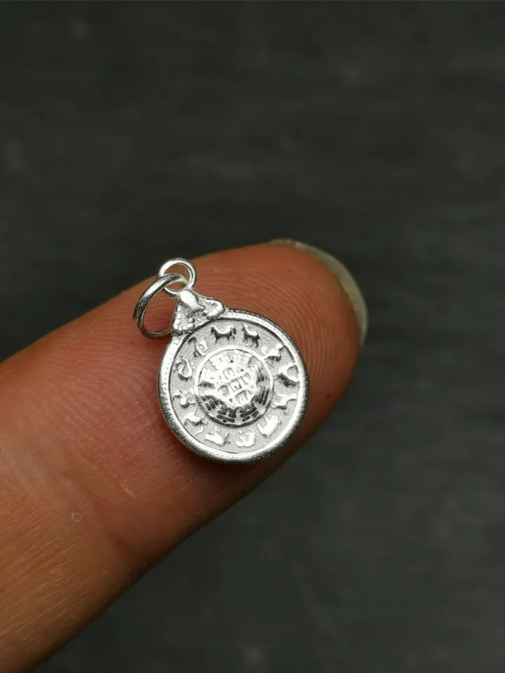 Gandhanra Handmade Tibetan Buddhist Calendar Badge Pendant,Kalachakra Amulet for Mala,Necklace,Made of Sterling Silver,Small Size 0.6"