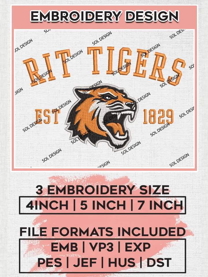 NCAA RIT Tigers Team Est 1829 Logo Embroidery Design Files, NCAA RIT Tigers Machine Embroidery, NCAA Teams, 3 sizes, NCAA Machine embroidery designs, Digital Download