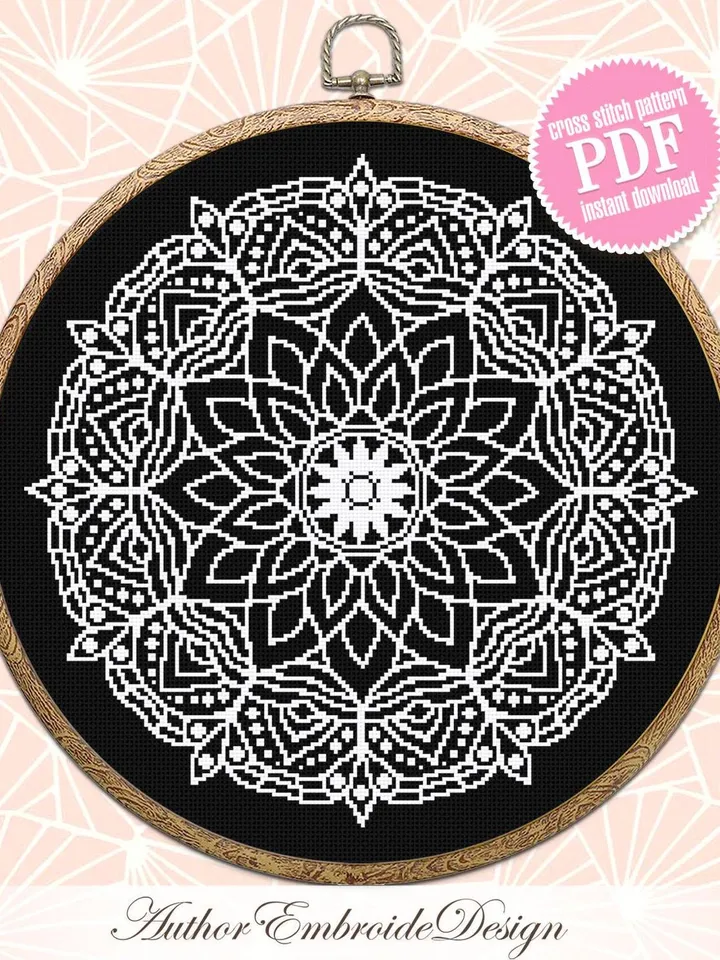 Mandala cross stitch pattern PDF download Monochrome cross stitch chart, Mandala pattern digital PDF, Mandala ornament, DIY Home decor #M267