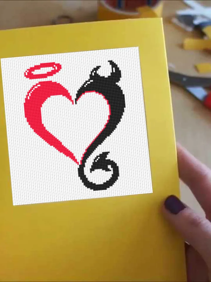 Heart cross stitch pattern download PDF Funny Valentine stitch, Heart ornament cross stitch chart, Angel and demon pattern PDF #T12