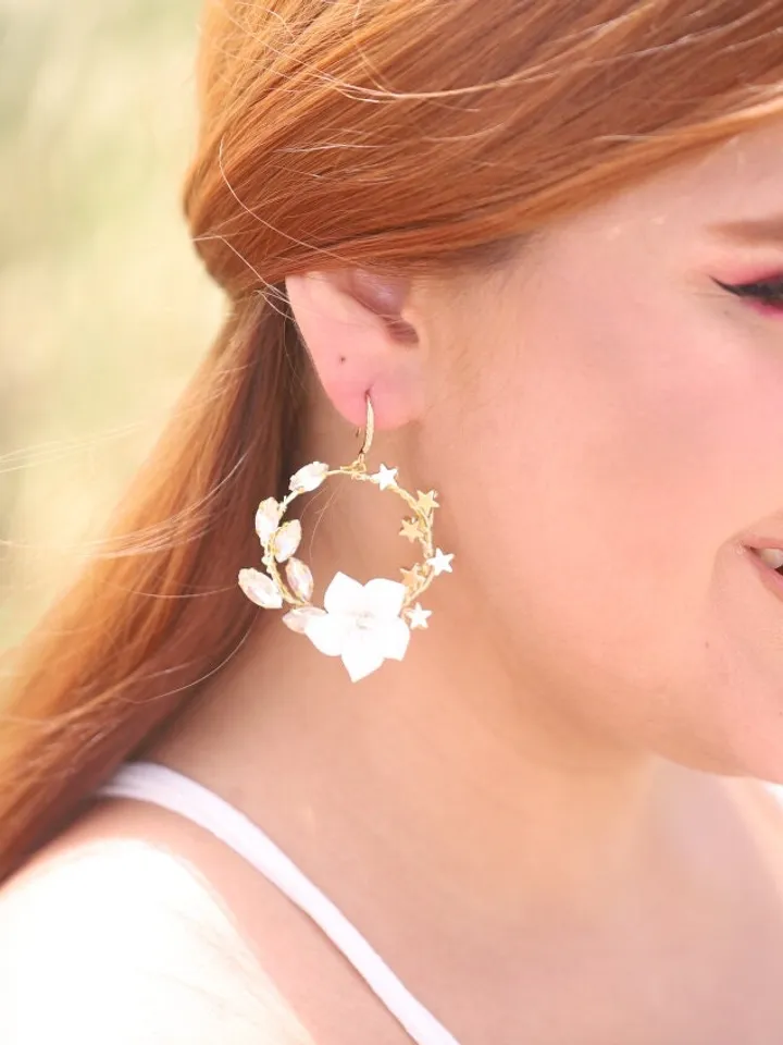 Silver Porcelain Flowers Hoop Boho Wedding Earrings , Statement Crystal Boho Bridal Earrings , Floral Bridal Jewelry, Flower Wedding Jewelry