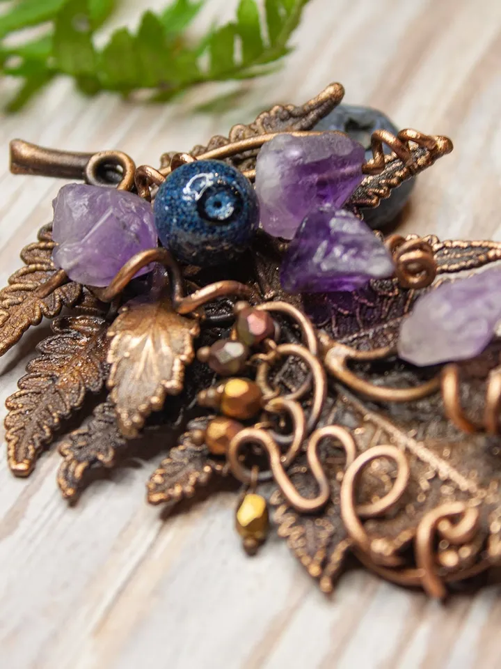 Copper handmade fern leaf brooch, amethyst buds, blueberry beads, nature jewelry, forest bunch, great gift for her, electroforming
