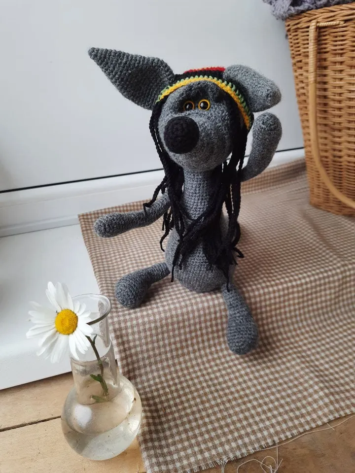 Gray wolf toy in Funny Bob Marley Rasta dreadlock Hat. Replica Rasta toy best friends gift