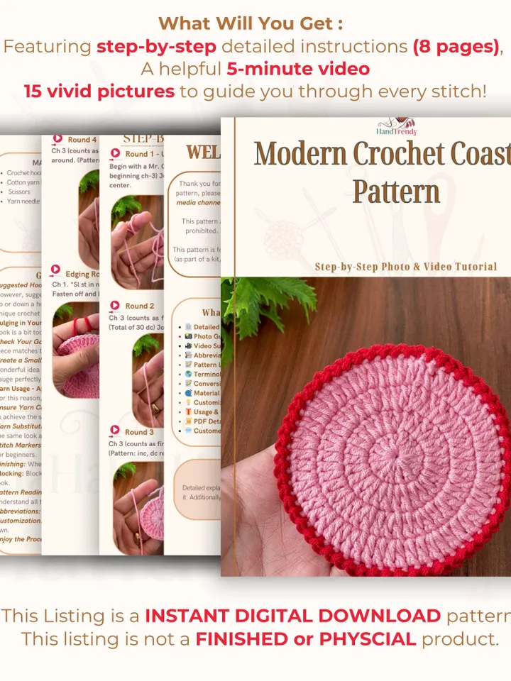 Modern Crochet Coaster Pattern, Unique DIY Cotton Round Coaster Tutorial, Perfect Handmade Table Decor Gift for Beginners