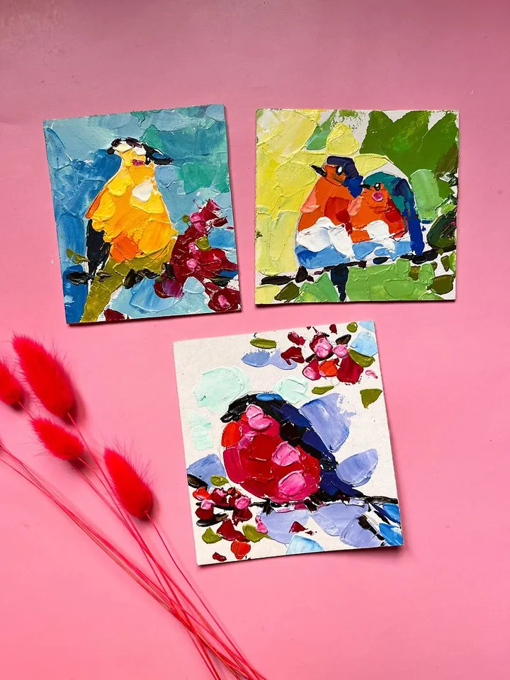 Bird Painting Set Original Artwork Chicadee Small Painting