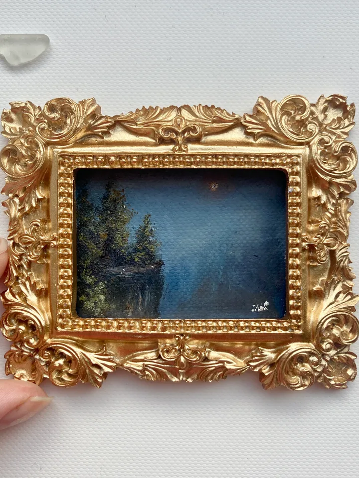 Small Landscape Oil Painting Framed Original Foggy Cliff Painting Antique Misty Art Gold Frame Tiny Paintings 3 x 4 Art