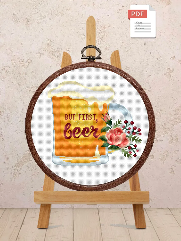 Set of 2 But First Beer Cross Stitch Pattern, Kitchen Cross Stitch, Embroidery Beer, But First Wine Pattern, Modern Cross Stitch #kt009