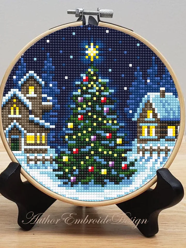 Christmas houses cross stitch pattern PDF download Winter landscape cross stitch chart, Christmas pattern digital PDF, Northern lights #N181