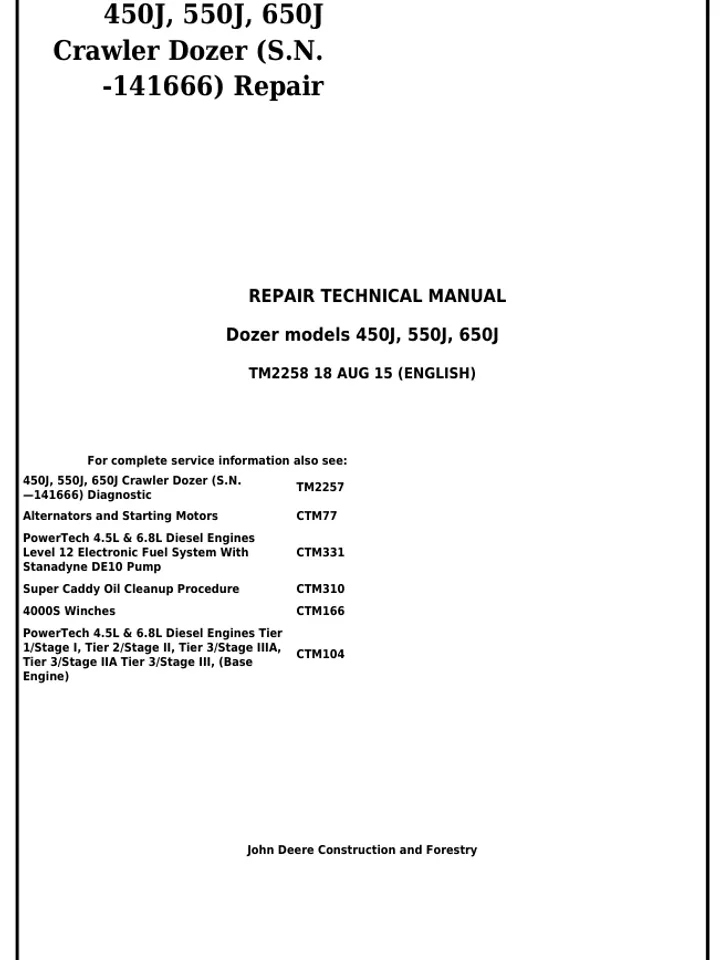 JOHN DEERE 450J 550J 650J CRAWLER DOZER SERVICE REPAIR TEST ENGINE MANUAL