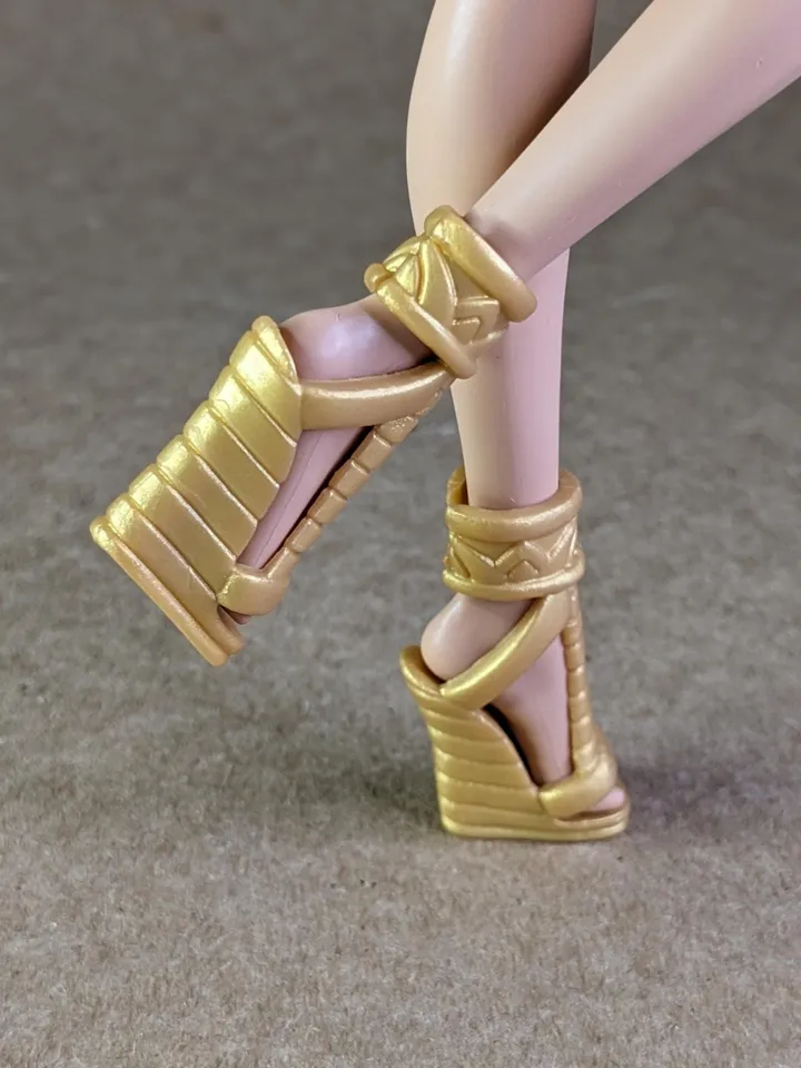 Gold Pharaoh sandals with wedge heels for 10.5 inch female dolls (MH, EAH)