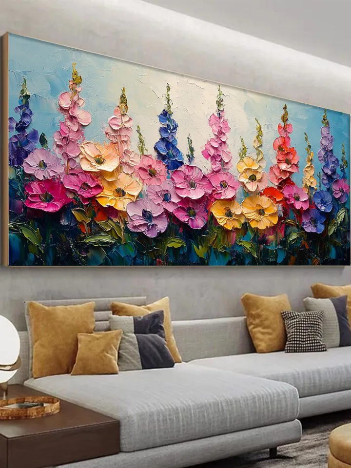 Large Impasto Floral Landscape Painting, Colorful Wildflower Field Artwork, Textured 3D Original Art, Vibrant Wall Art Decor, Garden Scene