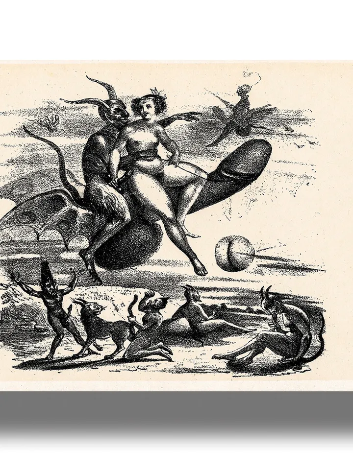 The devil and the witch fly to the sabbath on a huge penis.