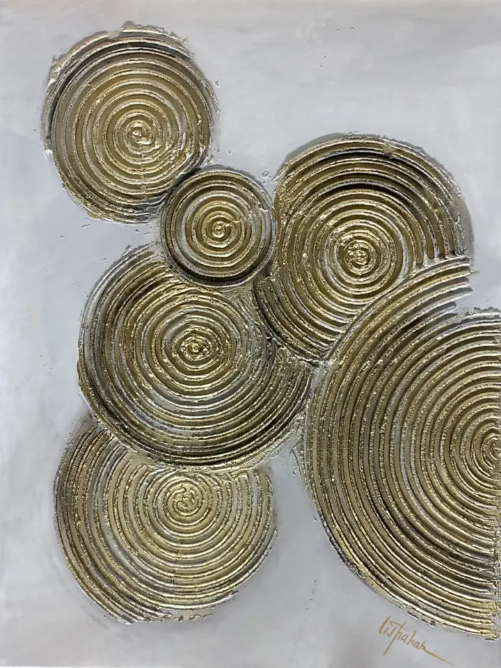 Golden circles wall art | Modern Abstract Painting | 3D Gold Effect Acrylic Art on Canvas 70x50 cm | Handmade Artwork | Abstract Expressionism Golden circles Painting