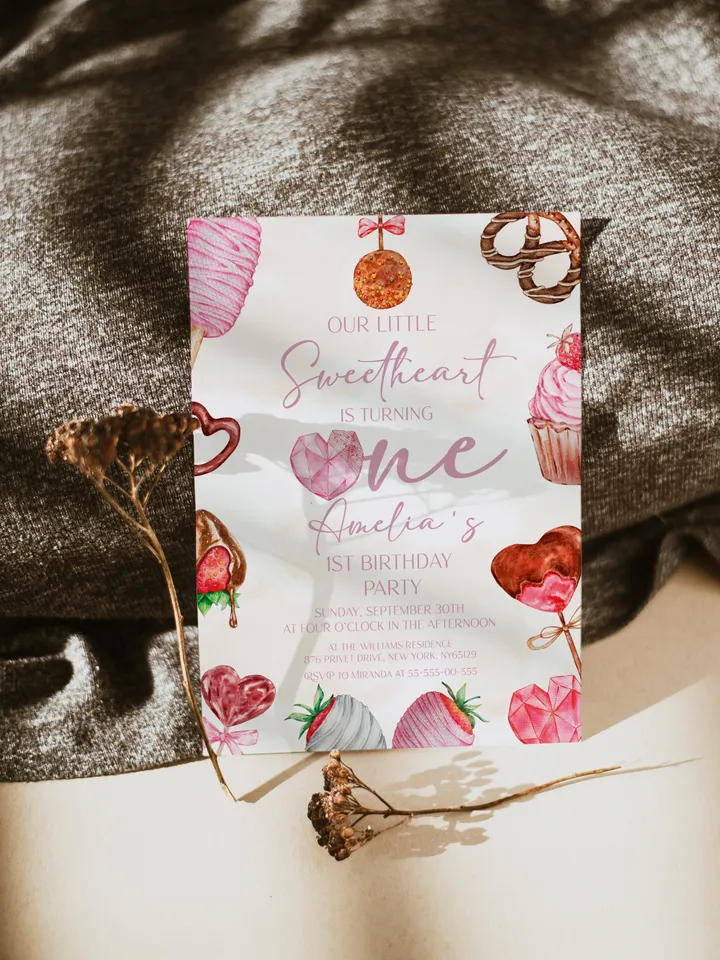 Valentine 1st Birthday Invitation Sweetheart 1st Birthday Sweet Treats Baby Birthday Invitation; Valentines Day Party