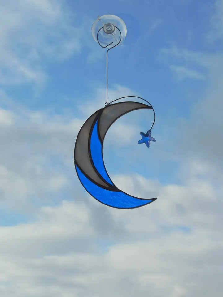 Moon with Shooting Star Swarovski Сrystal . Stained glass window hanging Suncatcher , idea for anniversary , birthday and Christmas gift