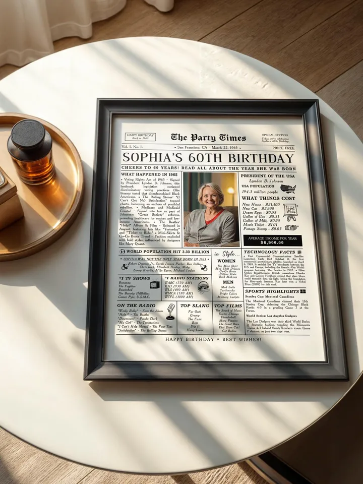 60th Birthday Newspaper Poster, 60th Birthday Gift for Mom or Wife, 1965 Birthday Sign, 60 Years Ago Back in 1965